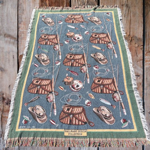 VTG Hallmark Design Collection Fishing Throw Blanket 65" x 42" Goodwin Weavers. - Picture 1 of 7